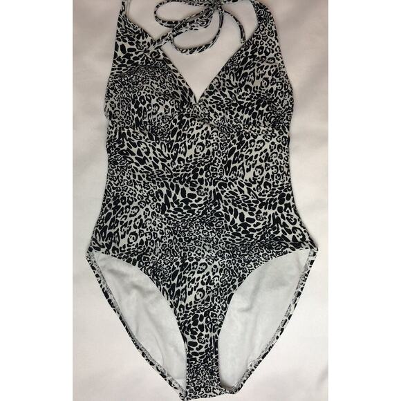 Old Navy One Piece Swimsuit Women XS Black White Animal Print Halter Padded - Picture 7 of 11
